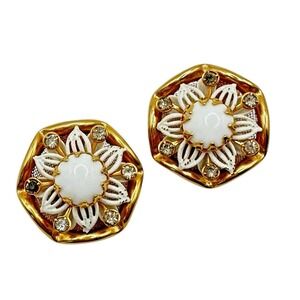 Vintage KRAMER Clip On Earrings Gold Tone Flower Shape Rhinestone Milk Glass